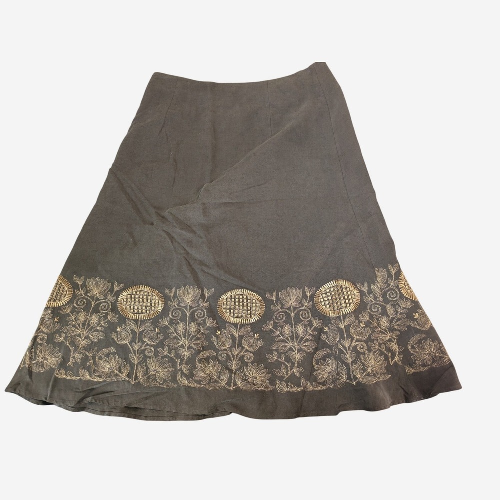Silk Linen Blend Embroidered Floral Boho Midi Skirt Brown Gold Size 8 - Picture 3 of 9